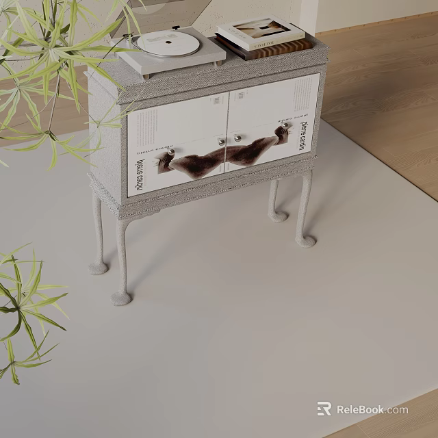 Modern Entryway Cabinet Sideboard With Textured Doors Green Plants And Minimalist Design 3d model 