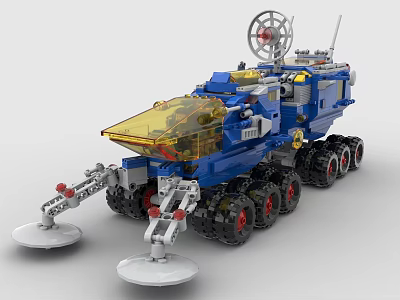 Blue Building Block Space Rover with Large Wheels Transparent Yellow Section and Antenna 3d model