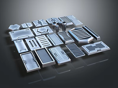 Metallic Silver Panels Of Various Shapes Arranged On Dark Surface For Industrial Parts 3d model