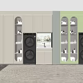Modern Laundry Room Setup With Gray And Green Cabinets Glass Doors And Washing Machines