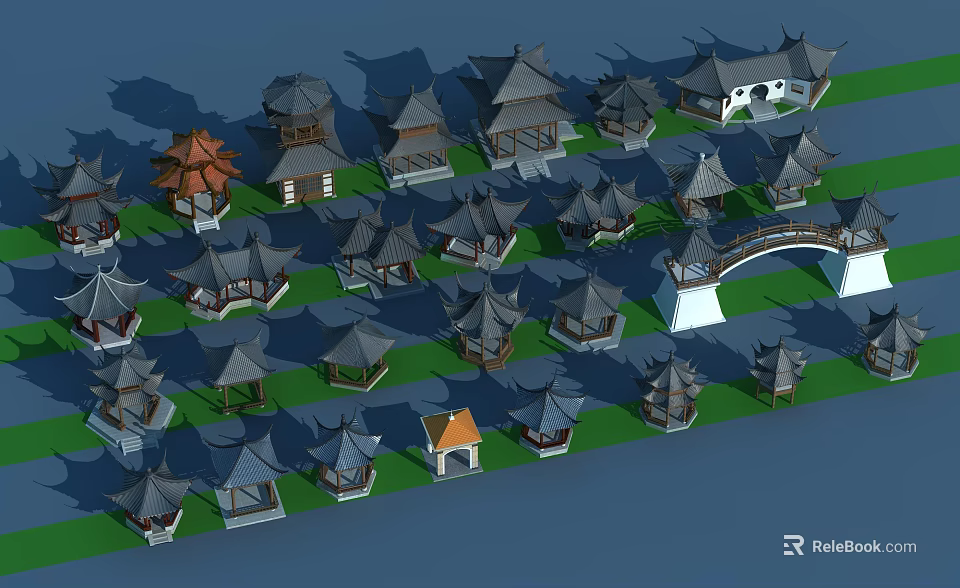 Ancient Chinese Style Architectural Complex With Traditional Pavilions And Bridge 3d model 