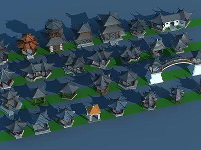 Ancient Chinese Style Architectural Complex With Traditional Pavilions And Bridge 3d model