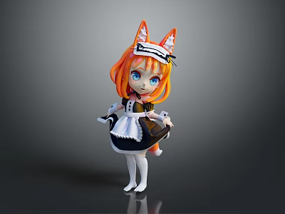 Anime Style Girl Character With Cat Ears Tail In Maid Outfit Orange Hair Blue Eyes 3d model