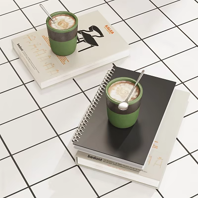 Green Cup With Spoon Placed On Black Notebook Over White Tile Surface 3d model