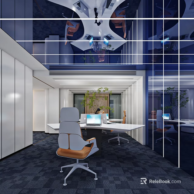 Modern Public Office Space With Desks Office Chairs Computers And Green Plants 3d model 