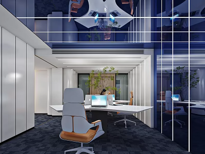 Modern Public Office Space With Desks Office Chairs Computers And Green Plants 3d model