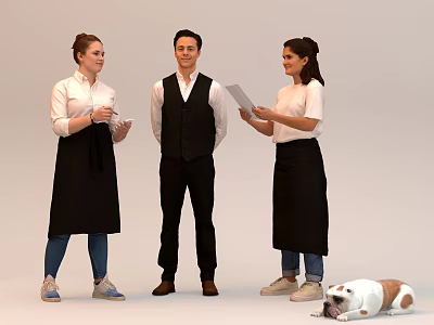 Three People Standing Together In White Shirts And Black Aprons Discussing With Tablet And Dog 3d model