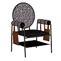 Contemporary Leisure Chair With Black Metal Frame Patterned Backrest And Red Leather Straps