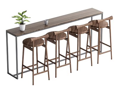 Modern Bar Counter With Wooden Top Metal Frame And Woven Seat Stools Plus Potted Plant 3d model