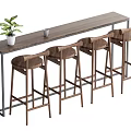 Modern Bar Counter With Wooden Top Metal Frame And Woven Seat Stools Plus Potted Plant