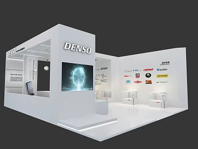 DENSO Exhibition Booth With White Modern Design Display Screen And Brand Logos For Product Presentation 3d model