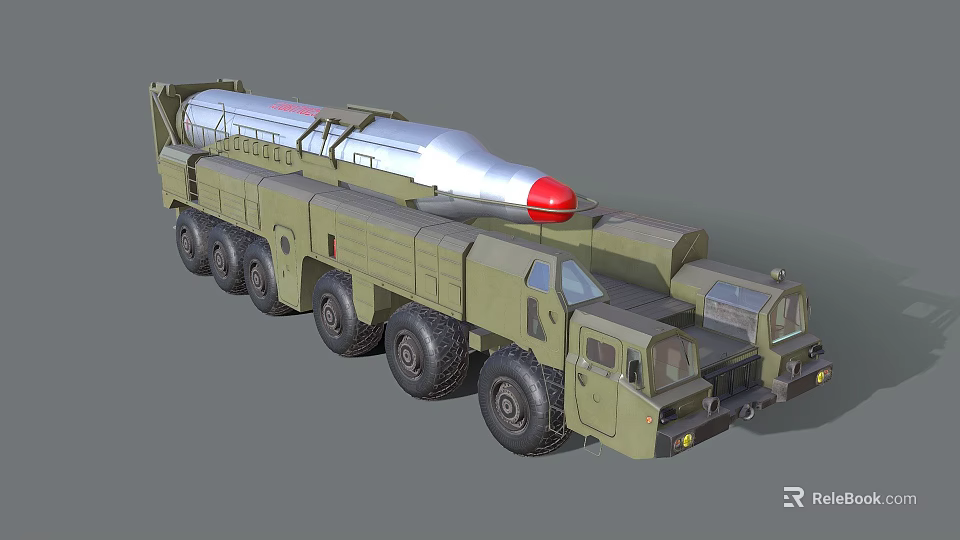 Weapon Missile Launch Vehicle Mounted On Green Military Truck With Silver Body And Red Nose 3d model 