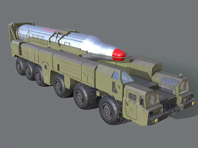 Weapon Missile Launch Vehicle Mounted On Green Military Truck With Silver Body And Red Nose 3d model