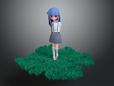 Anime Character With Blue Hair And Purple Eyes Standing On Green Grass Field 3d model