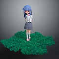Anime Character With Blue Hair And Purple Eyes Standing On Green Grass Field