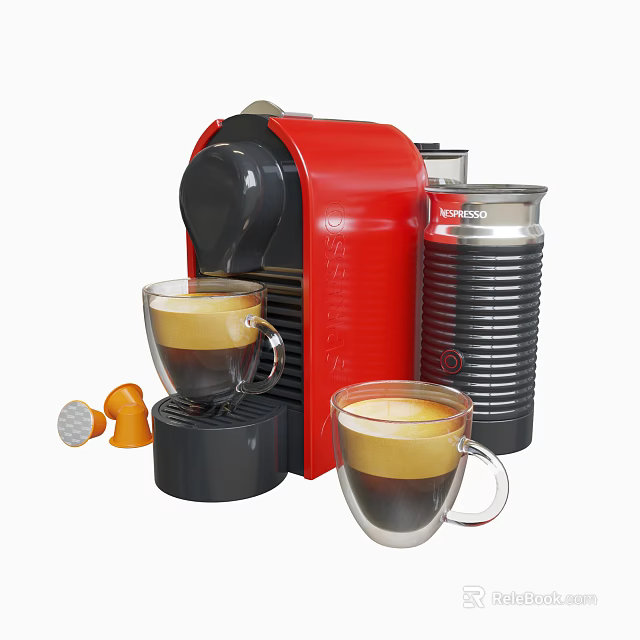Red Coffee Machine As Modern Kitchen Appliance With Glass Cups Milk Frother And Orange Accessories 3d model 