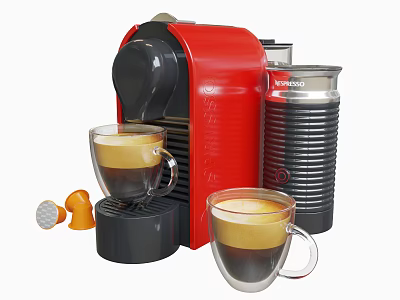 Red Coffee Machine As Modern Kitchen Appliance With Glass Cups Milk Frother And Orange Accessories 3d model