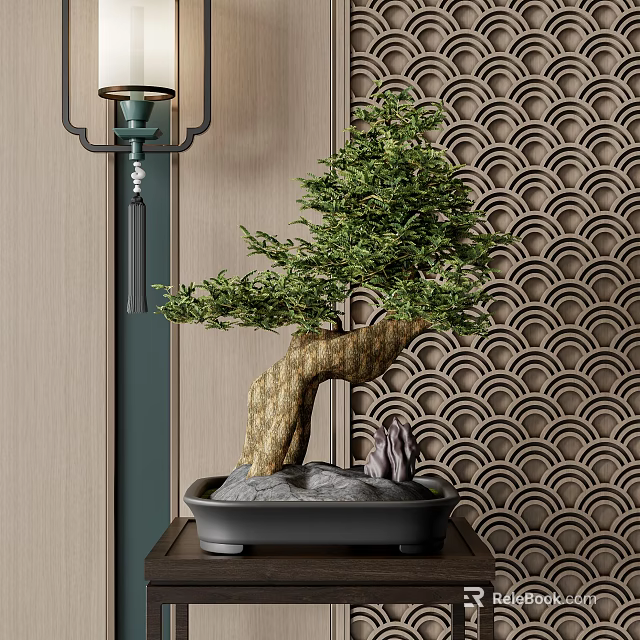 Chinese Style Bonsai Tree In Black Pot With Stones Small Stone Figurine And Scalloped Backdrop 3d model 