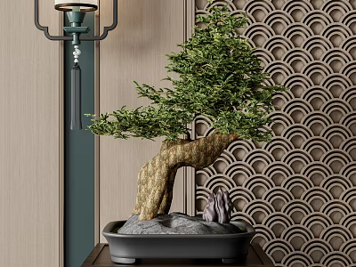 Chinese Style Bonsai Tree In Black Pot With Stones Small Stone Figurine And Scalloped Backdrop 3d model