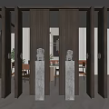 Wooden Room Partitions with Marble Pedestals and Lion Statues in Modern Interior