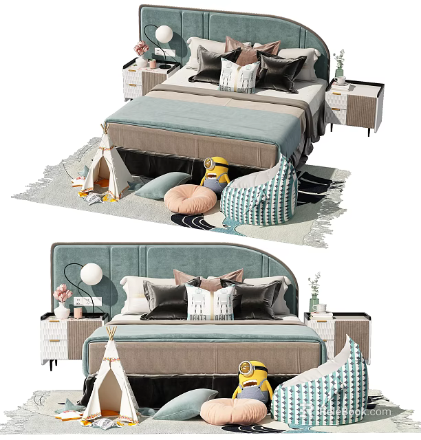 Modern Double Bed Interior With Blue Green Headboard Pillows Nightstands Toys And Little Tent 3d model 