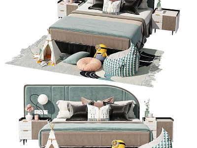 Modern Double Bed Interior With Blue Green Headboard Pillows Nightstands Toys And Little Tent 3d model