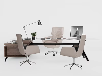 Modern Office Desk With Glass Surface Ergonomic Chairs Desk Lamp Computer And Wooden Cabinet 3d model