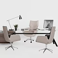Modern Office Desk With Glass Surface Ergonomic Chairs Desk Lamp Computer And Wooden Cabinet