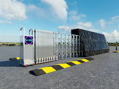 Electric Retractable Gate With Control Box Purple Display And Yellow Black Warning Strips 3d model