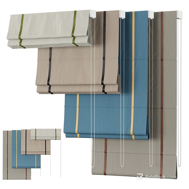 Multiple Colored Roman Blinds With Folded Design And Decorative Bands For Home Windows 3d model 