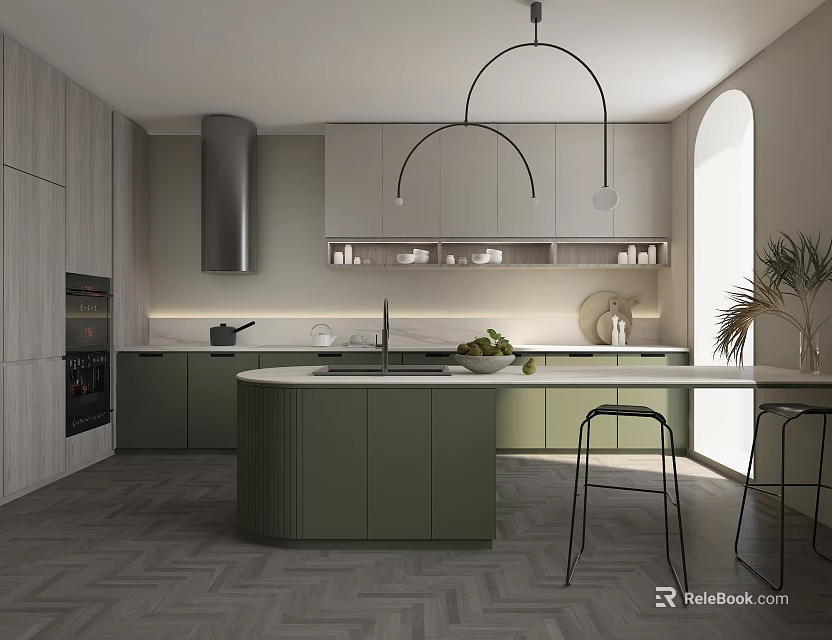 Modern Kitchen Interior With Green Cabinetry Island Pendant Lights And Herringbone Flooring 3d model 
