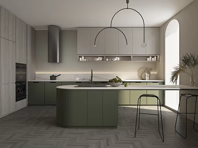 Modern Kitchen Interior With Green Cabinetry Island Pendant Lights And Herringbone Flooring 3d model