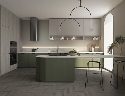 Modern Kitchen Interior With Green Cabinetry Island Pendant Lights And Herringbone Flooring 3d model
