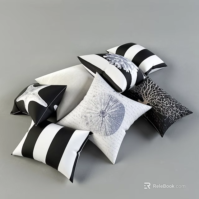 Black and White Decorative Pillows with Striped Starfish and Radial Patterns 3d model 