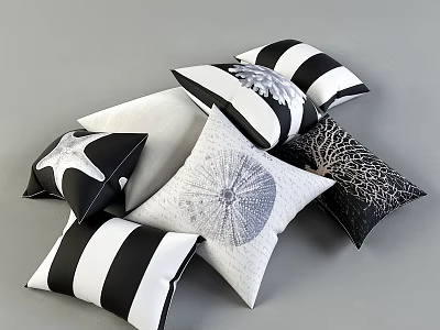 Black and White Decorative Pillows with Striped Starfish and Radial Patterns 3d model