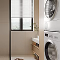 Modern Bathroom Interior With Glass Shower Enclosure White Toilet Window Blinds And Stacked Washer Dryer