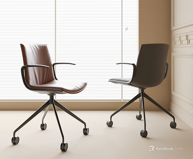 Modern Brown And Black Leather Office Chairs With Rolling Wheels And Window Background 3d model 
