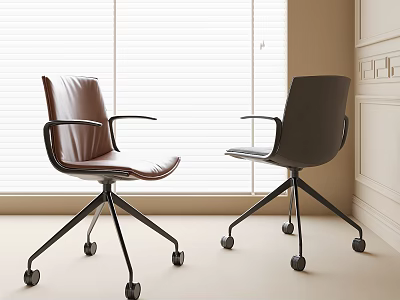 Modern Brown And Black Leather Office Chairs With Rolling Wheels And Window Background 3d model