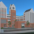 Red Brick School Building With White Trim Clock Tower Large Windows And Campus Grounds 3d model
