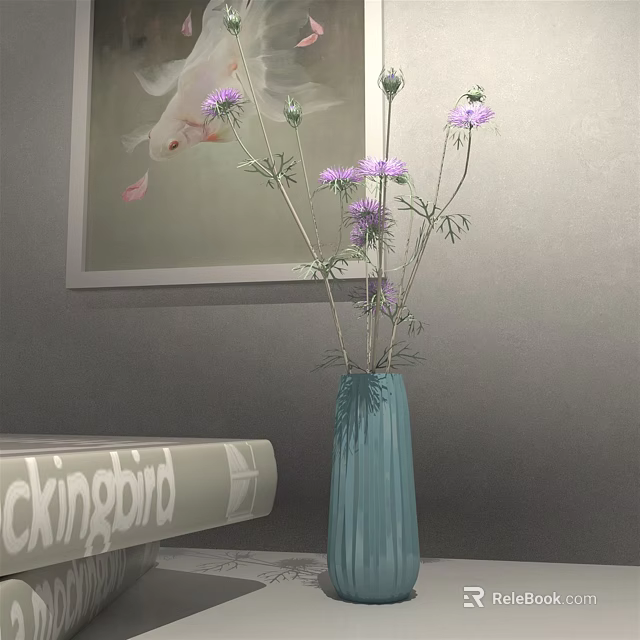 Blue Vase Holding Purple Flowers In Room With Gray Wall And Kingbird Cushion 3d model 
