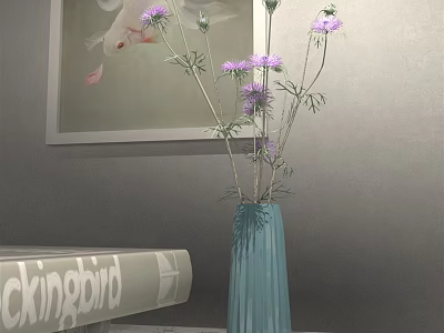 Blue Vase Holding Purple Flowers In Room With Gray Wall And Kingbird Cushion 3d model