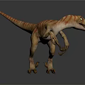 Realistic Velociraptor Dinosaur Model With Orange White Stripes Standing On Gray Background