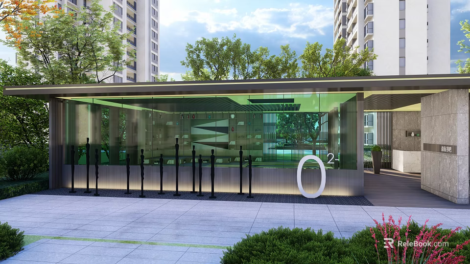 Modern Building Entrance With Glass Facade Greenery High Rise Background And Digital 02 3d model 