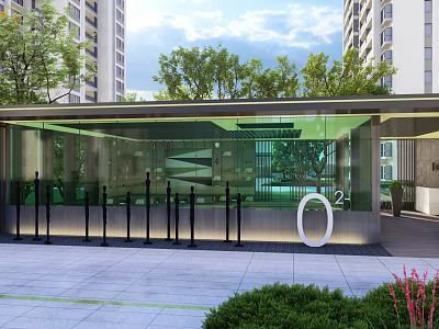 Modern Building Entrance With Glass Facade Greenery High Rise Background And Digital 02 3d model