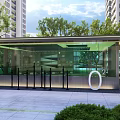Modern Building Entrance With Glass Facade Greenery High Rise Background And Digital 02