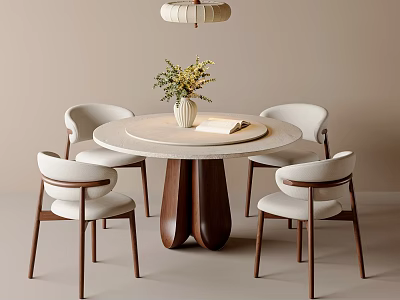 Elegant Round Marble Top Table And Four Light Chairs With Dark Brown Legs 3d model
