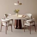 Elegant Round Marble Top Table And Four Light Chairs With Dark Brown Legs