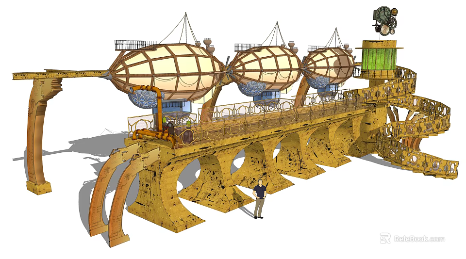 Futuristic Steampunk Architecture With Egg Shaped Structures Arched Supports And Person 3d model
