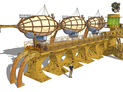 Futuristic Steampunk Architecture With Egg Shaped Structures Arched Supports And Person 3d model