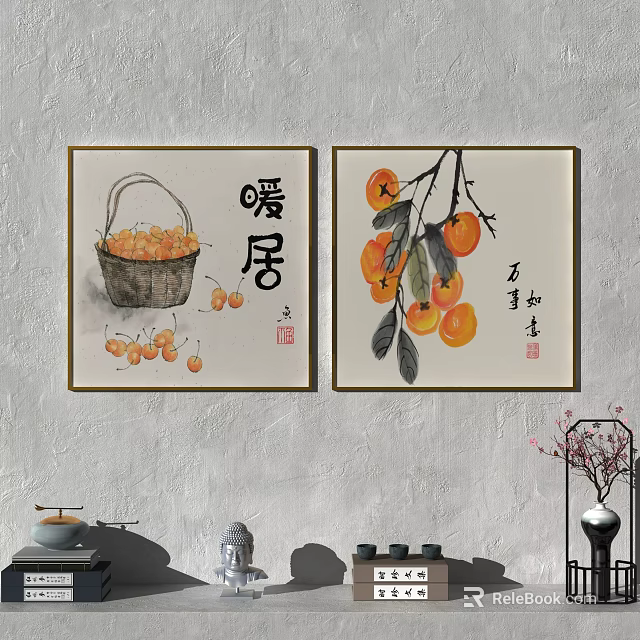 Chinese Style Decorative Paintings With Warm Home Calligraphy And Persimmon Design For Living Room 3d model 